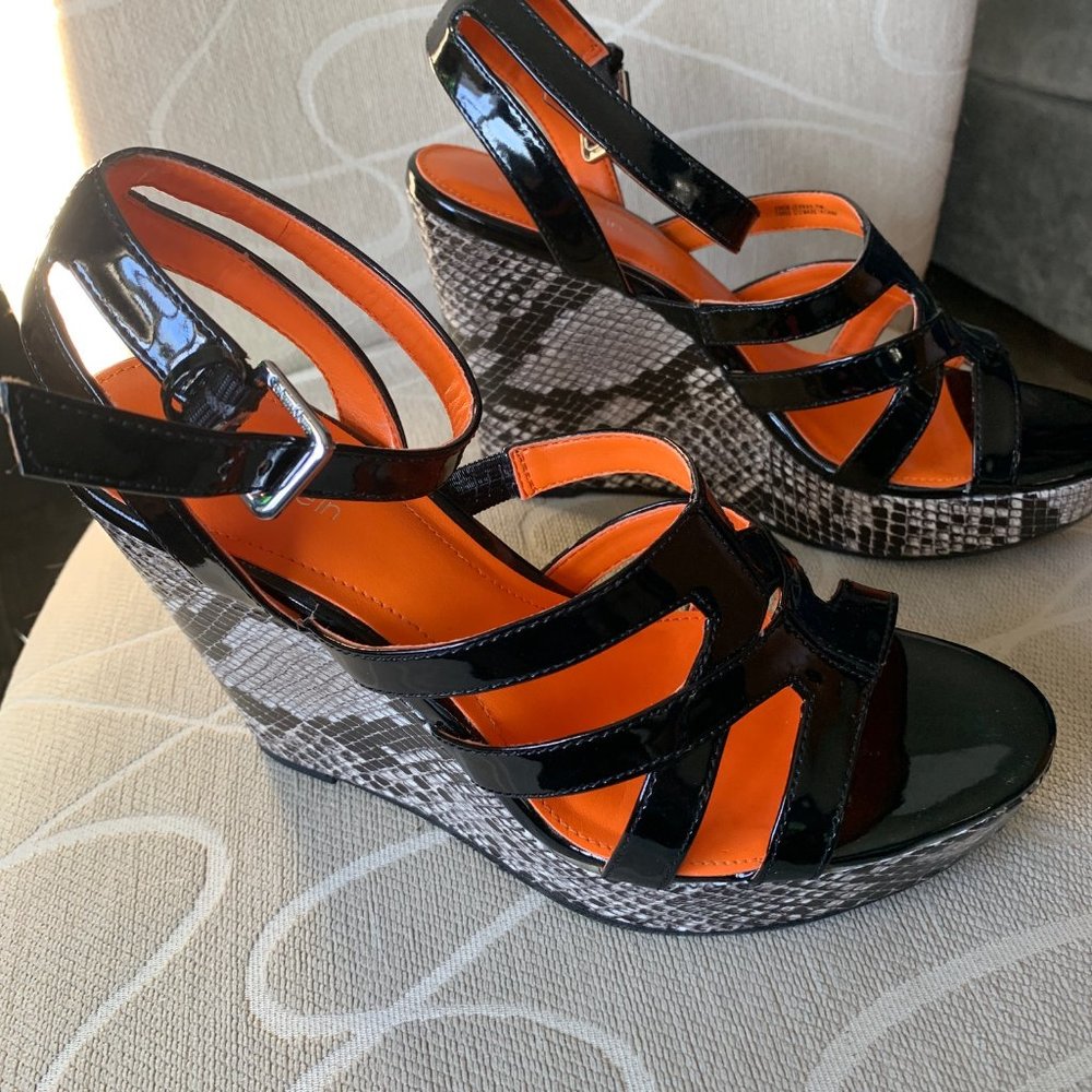 Calvin Klein Jennah Wedge In Black Patent Leather and Python